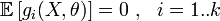 \mathbb{E}\left[g_i(X,\theta)\right] = 0~,~~i=1..k