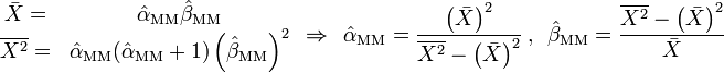 \begin{matrix}\bar{X} = & \hat{\alpha}_{\mathrm{MM}} \hat{\beta}_{\mathrm{MM}}\\\overline{X^2} = & \hat{\alpha}_{\mathrm{MM}} ( \hat{\alpha}_{\mathrm{MM}} + 1 ) \left( \hat{\beta}_{\mathrm{MM}} \right)^2\end{matrix}~~\Rightarrow~~ \hat{\alpha}_{\mathrm{MM}} = \frac{\left(\bar{X}\right)^2}{\overline{X^2} - \left(\bar{X}\right)^2}~,~~\hat{\beta}_{\mathrm{MM}} = \frac{\overline{X^2} - \left(\bar{X}\right)^2}{\bar{X}}